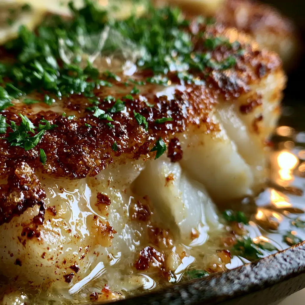 Pan Seared Cod with Lemon Garlic Butter Sauce (10-Minute Meal) 1 Close up of the uniform crunchy crust on a Pan Seared Cod fillet garnished with parsley and lemon slices.