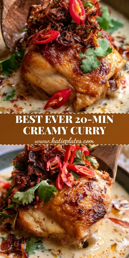A top-down view of Indonesian Chicken in a dark bowl with creamy sauce, red chilies, and crispy shallots.