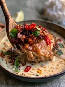 A close-up of a wooden spoon lifting a succulent chunk of golden-seared Indonesian Chicken.