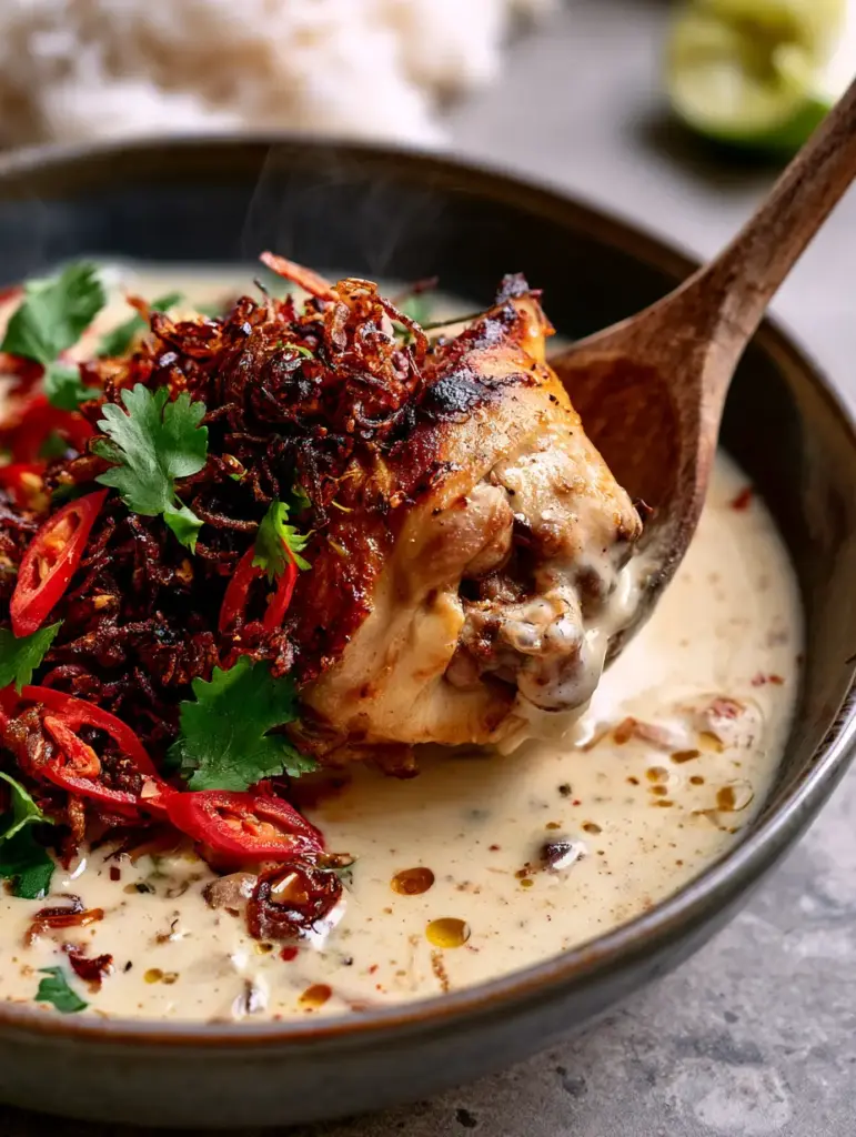 Indonesian Chicken garnished with fresh cilantro and red chilies against a neutral stone background.
