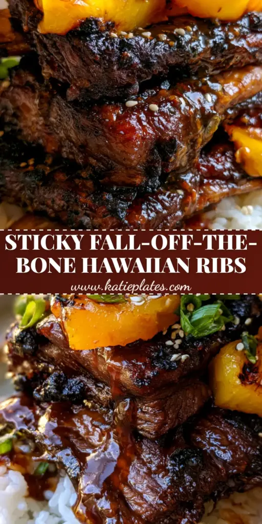 Close-up of Hawaiian BBQ short ribs with a sticky mahogany glaze, grilled pineapple, and green onions on jasmine rice.