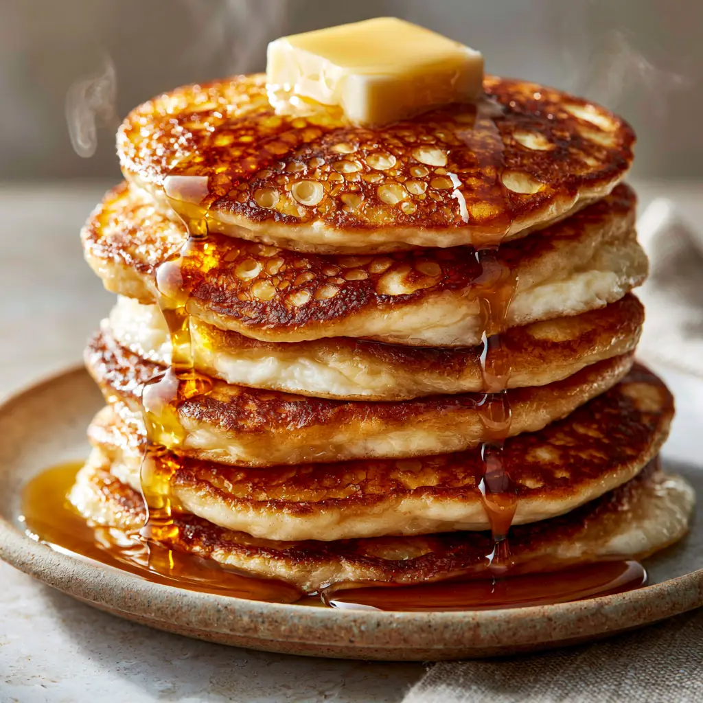 Classic Pancakes: The Secret to 1-Inch Thick Fluffy Buttermilk Stacks 2 Side-profile close-up of thick Classic Pancakes showing the 1-inch height and airy sides.
