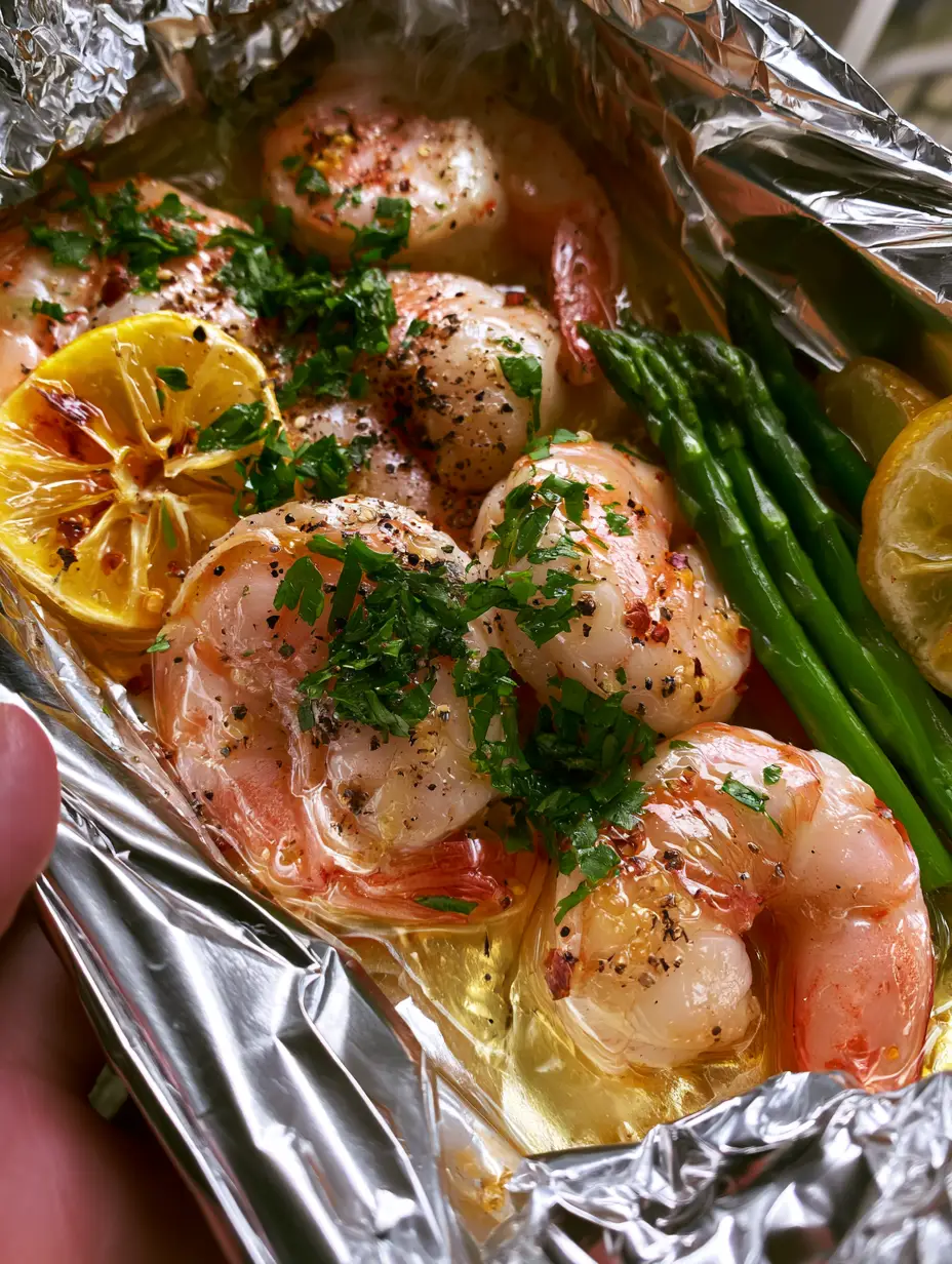 POV shot of someone opening a steaming shrimp foil pack with garlic butter and red pepper flakes.