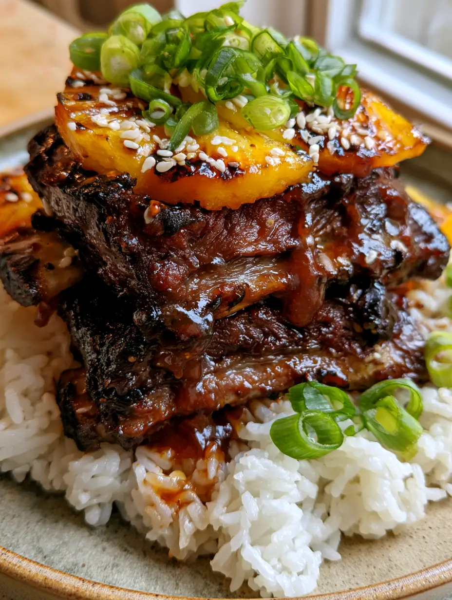 Extreme close-up of tender Hawaiian BBQ short ribs stacked on jasmine rice with mahogany glaze dripping.