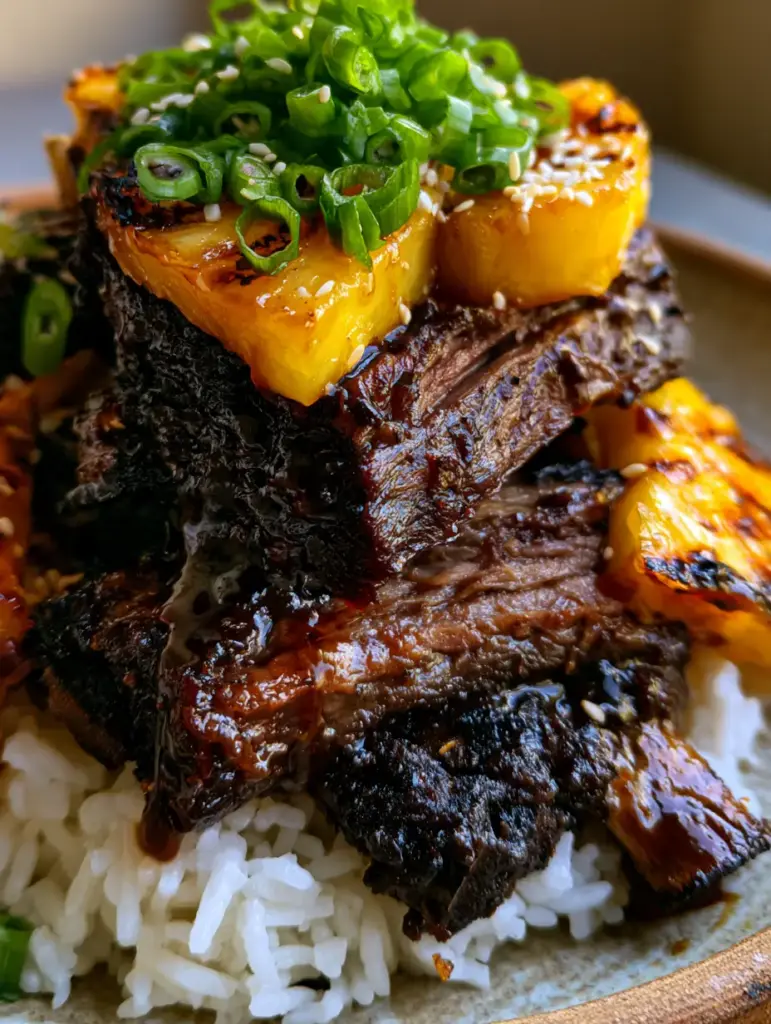 Grilled Hawaiian BBQ short ribs topped with charred pineapple wedges and sesame seeds.