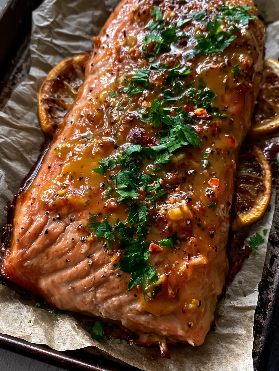 Close-up of flaky Atlantic salmon muscle fibers with honey mustard glaze and toasted garlic. (Garlic Butter Honey Mustard Salmon)
