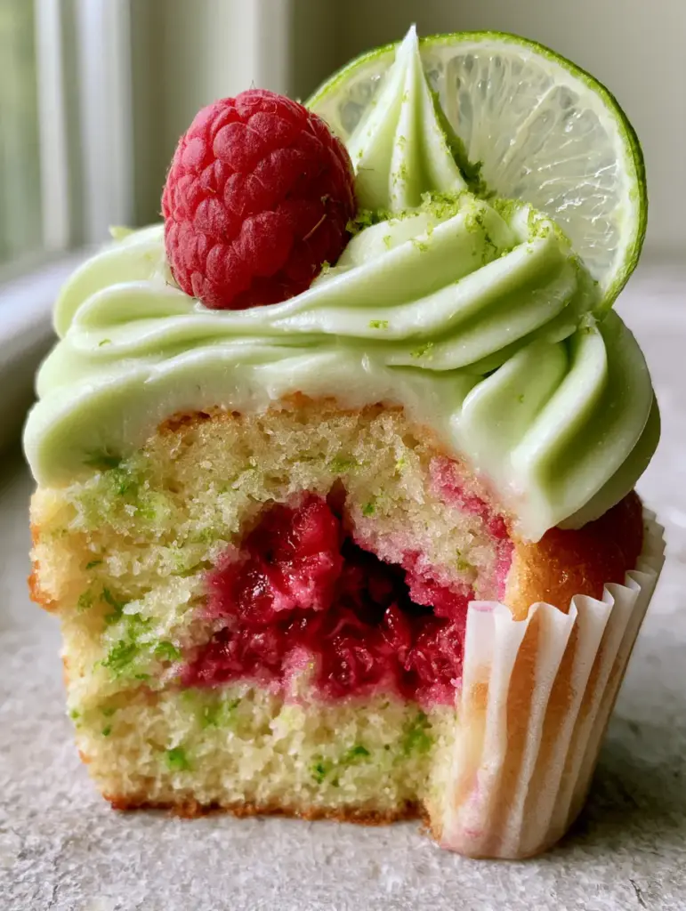 A cross-section of a moist lime cupcake showing the vibrant red raspberry filling inside a golden sponge. (Raspberry Lime Cupcakes)