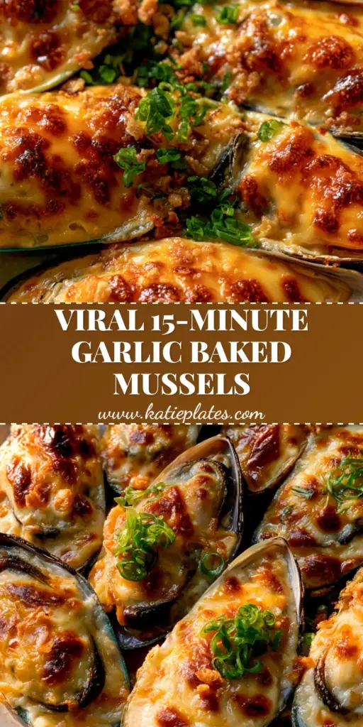 A close-up vertical shot of baked mussels on the half-shell with bubbling mozzarella and crispy fried garlic, perfect for a Pinterest seafood board.