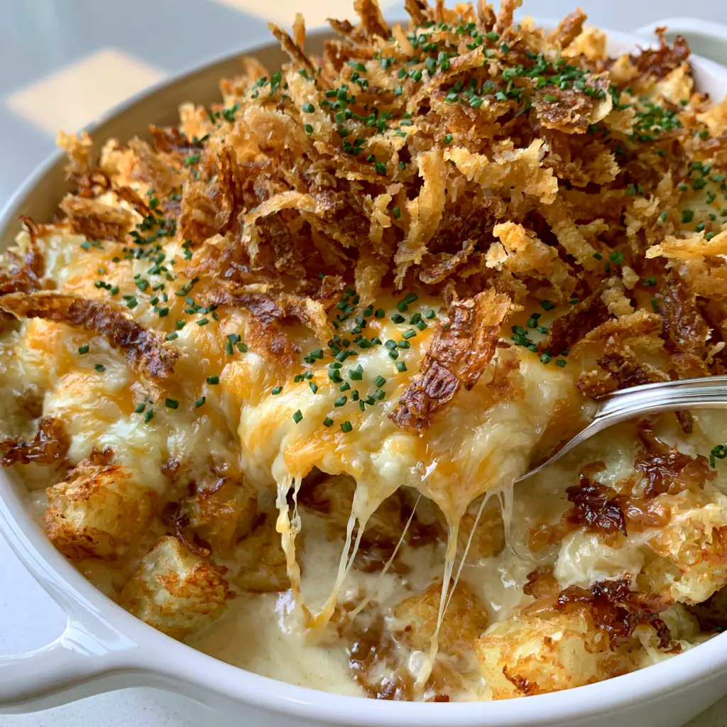 French Onion Funeral Potatoes: The Ultimate Cheesy Hashbrown Casserole 1 Close up of crispy fried onion strings and melted Gruyère on top of French Onion Funeral Potatoes.