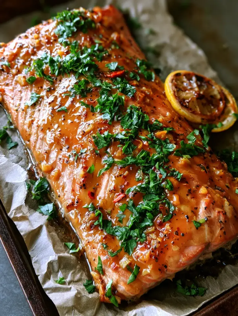Amber-colored honey mustard glaze bubbling on a salmon fillet with charred lemon wheels and red chili flakes.