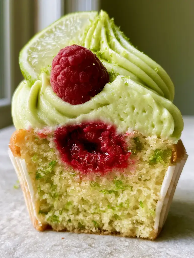 Raspberry Lime Cupcakes with a Fresh Jammy Center 1 Close up handheld photo of Raspberry Lime Cupcakes with thick pale green buttercream and lime zest garnish.