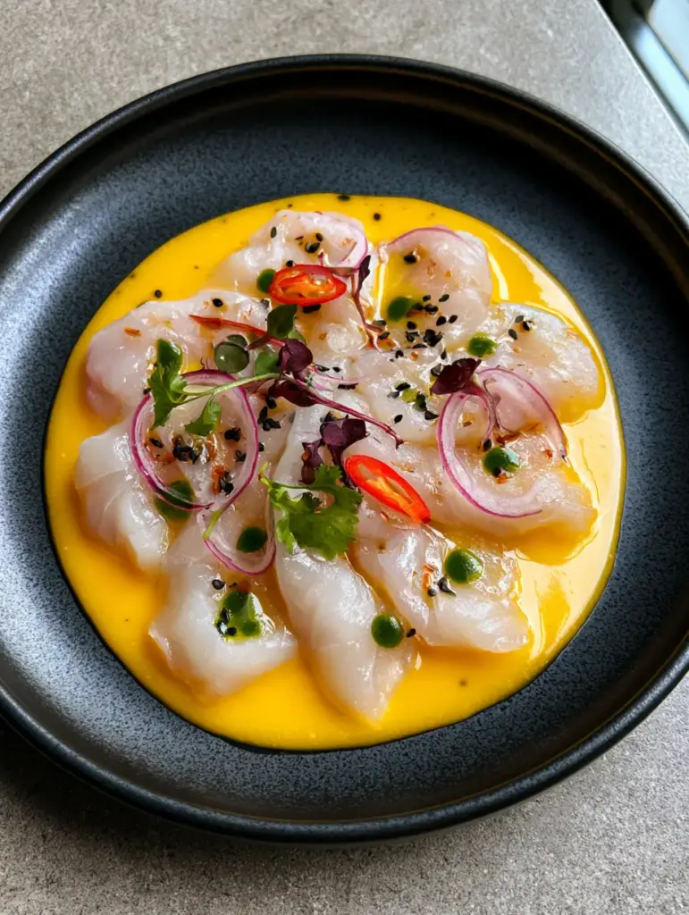Tiradito: The Ultimate Peruvian Fluke with Aji Amarillo Sauce 2 Top-down view of a gourmet tiradito featuring thin raw white fish and vibrant emerald cilantro oil droplets. (tiradito)