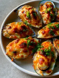 Top-down view of a platter of baked mussels arranged in a circular pattern on a rustic white plate with morning sunlight highlights.
