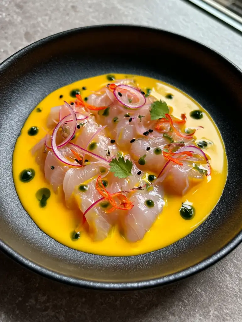 Tiradito: The Ultimate Peruvian Fluke with Aji Amarillo Sauce 1 45-degree angle of fresh fluke tiradito showing the silky texture of the aji amarillo sauce.