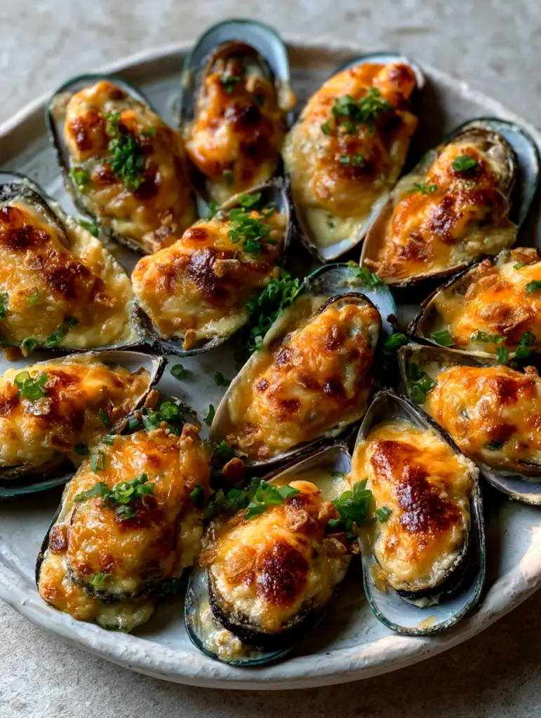 Detailed shot of individual baked mussels showing the bubbling melted cheese, toasted brown spots, and vibrant scallion garnish.