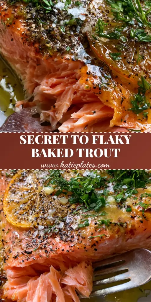 Oven Baked Trout with Lemon Garlic Butter and Fresh Herbs 3 A vertical shot of a perfectly cooked oven baked trout fillet on white parchment paper, glistening with garlic butter sauce and topped with charred lemon slices.