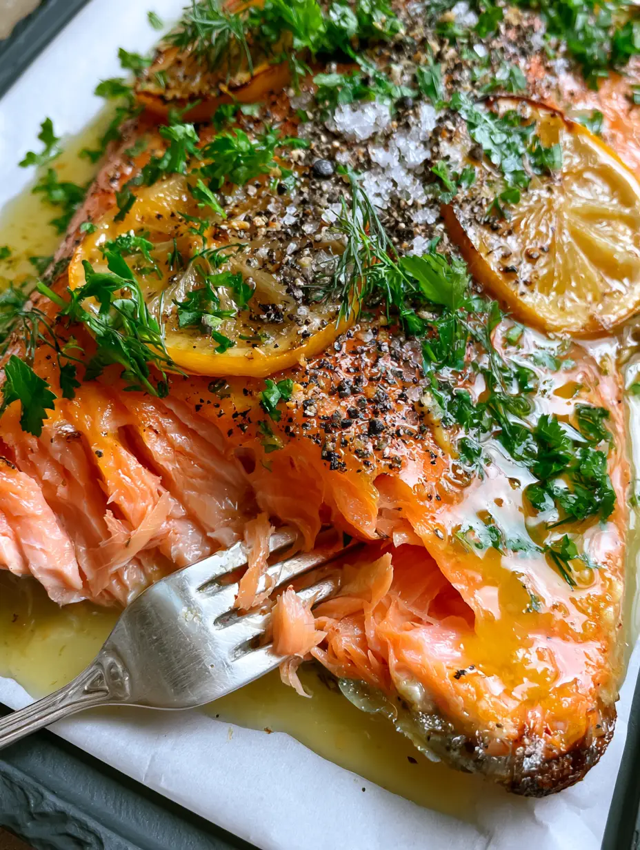 Oven Baked Trout with Lemon Garlic Butter and Fresh Herbs 4 Extreme macro close-up of oven baked trout flaking under a silver fork with visible garlic butter and sea salt crystals.