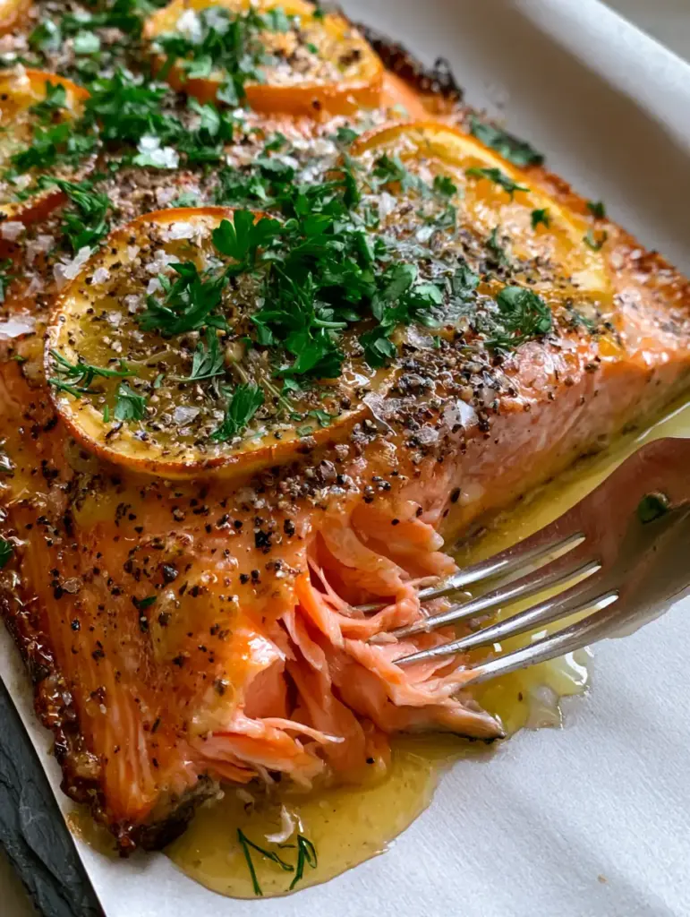 Oven Baked Trout with Lemon Garlic Butter and Fresh Herbs 1 Macro view of oven baked trout with charred lemon wheels and fresh green dill and parsley on a dark slate tray.