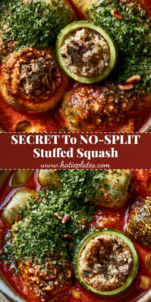 Kousa Mahshi: The Ultimate Guide to Authentic Lebanese Stuffed Zucchini 3 A rustic ceramic bowl of Kousa Mahshi featuring tender light-green zucchini stuffed with lamb and rice in a crimson tomato broth.