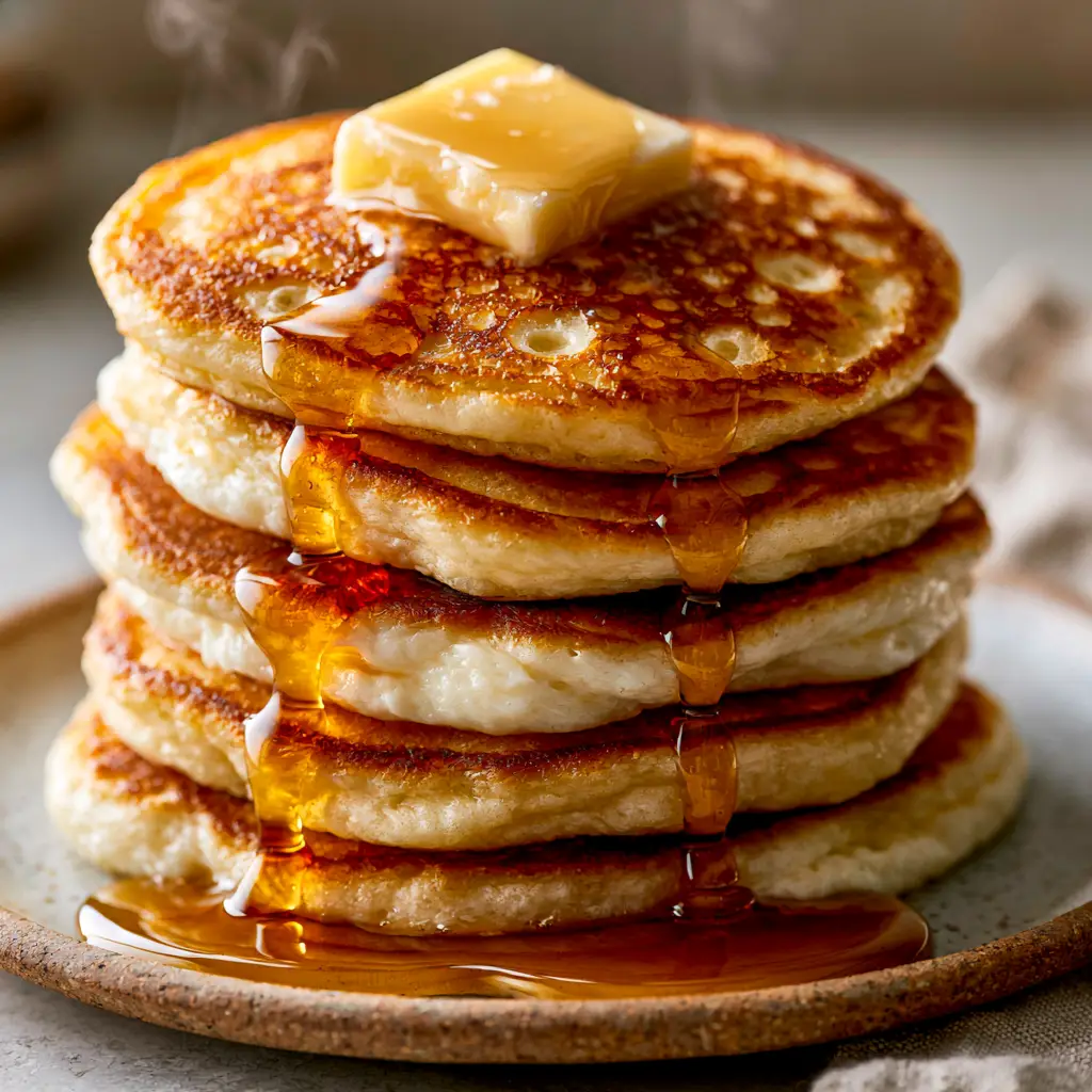 Classic Pancakes: The Secret to 1-Inch Thick Fluffy Buttermilk Stacks 1 Lacy golden-brown griddle crust on a stack of five Classic Pancakes with maple syrup pooling at the base.