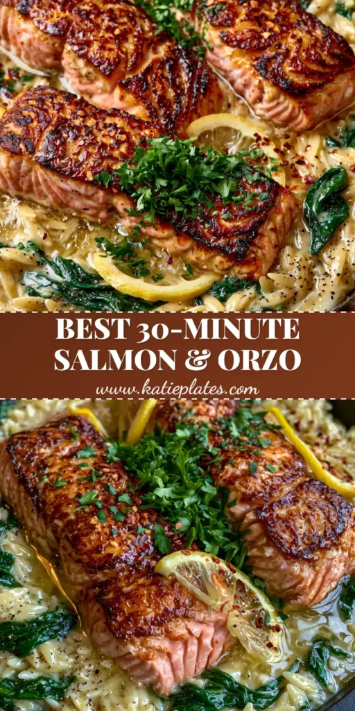A Pinterest-style vertical shot of Creamy Salmon and Orzo with a golden seared crust, vibrant spinach, and lemon slices in a cast iron skillet.