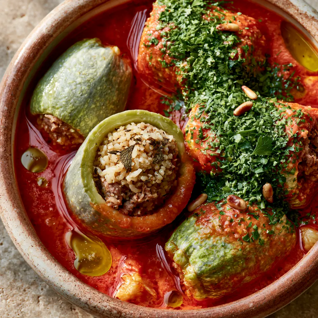 Kousa Mahshi: The Ultimate Guide to Authentic Lebanese Stuffed Zucchini 2 Overhead shot of Kousa in tomato broth with golden olive oil droplets and dried mint flakes.