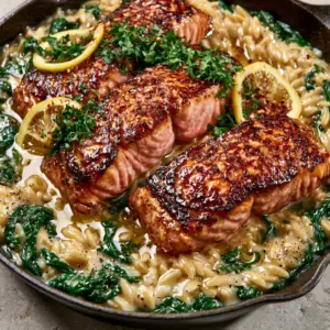 Extreme close-up of Creamy Salmon and Orzo showing the glossy Parmesan sauce, flaky pink centers, and emerald spinach.