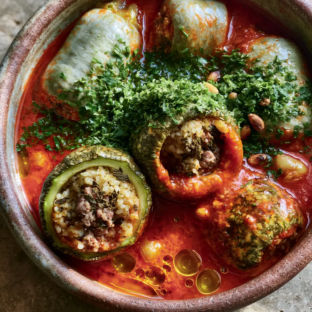 Kousa Mahshi: The Ultimate Guide to Authentic Lebanese Stuffed Zucchini 1 Close up of a sliced Kousa zucchini revealing the fluffy interior of lamb, rice, and dried mint.