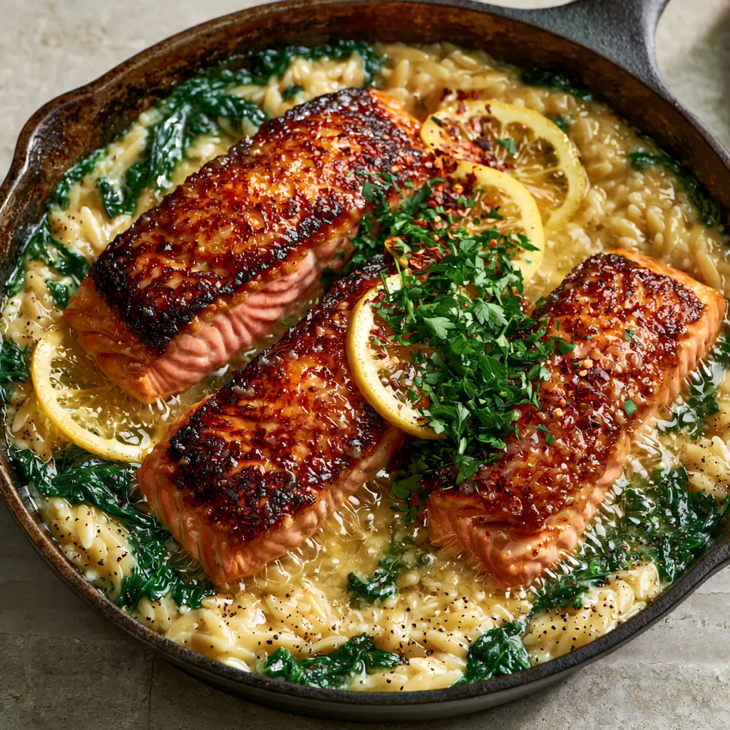 Top-down view of a rustic skillet containing Creamy Salmon and Orzo garnished with lemon wheels and red pepper flakes.