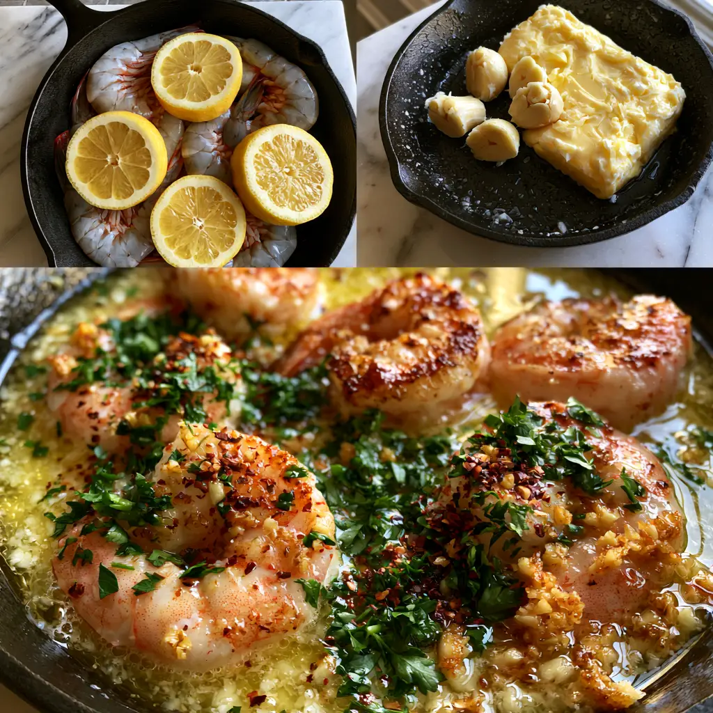 Lemon Garlic Butter Shrimp (15-Minute Restaurant Quality) 2 Overhead flat lay of raw jumbo shrimp, fresh lemons, smashed garlic, and butter in a cast iron skillet on marble. (Lemon Garlic Butter Shrimp)