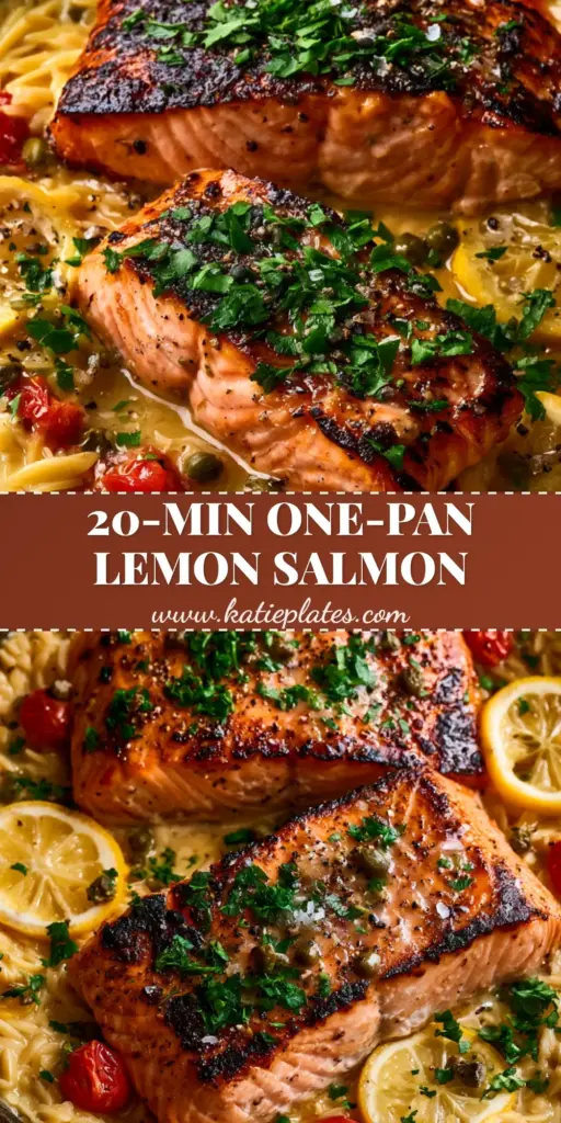 A vertical Pinterest pin showing a cast iron skillet with seared lemon salmon with orzo, blistered tomatoes, and fresh parsley.