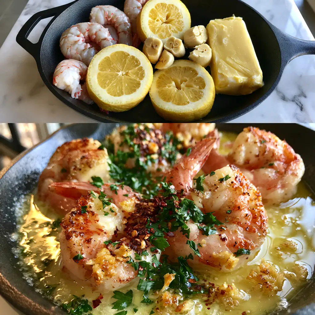 Lemon Garlic Butter Shrimp (15-Minute Restaurant Quality) 1 Macro 45-degree angle shot of finished Lemon Garlic Butter Shrimp submerged in a shimmering yellow sauce with toasted garlic and red pepper flakes.