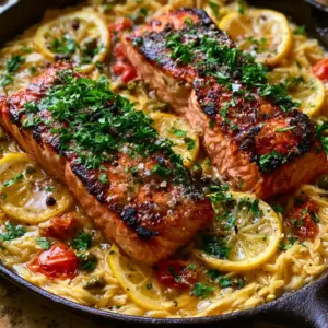 Extreme close-up overhead shot of lemon salmon with orzo in a cast iron skillet with lemon wheels and capers.