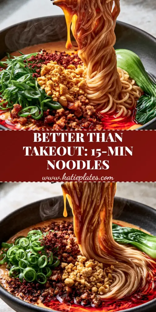 Dan Dan Noodles: Authentic Sichuan Street Food Recipe 4 A high-angle photo of authentic Sichuan Dan Dan Noodles in a matte charcoal bowl, showing bouncy noodles being lifted with dark wood chopsticks over a glossy red chili oil sauce.