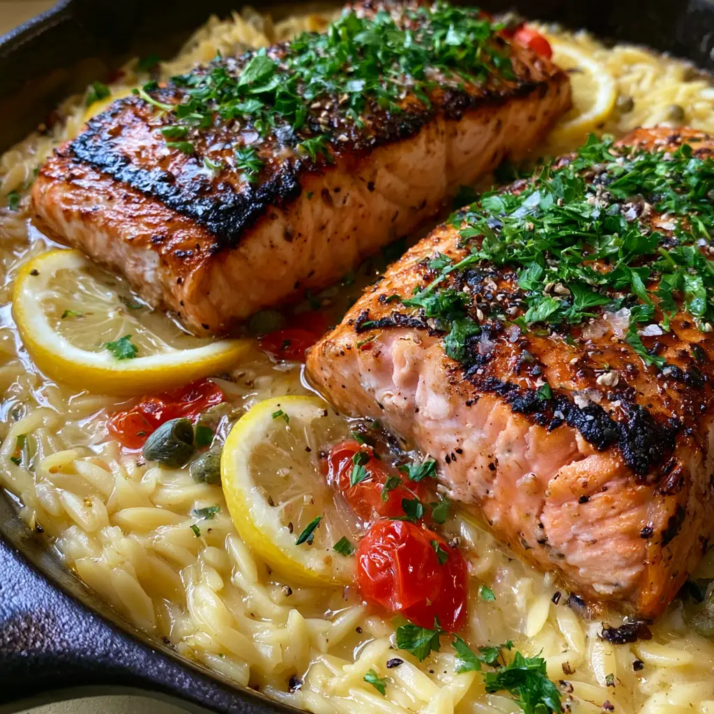 Detailed shot of creamy garlic orzo with blistered cherry tomatoes and lemon butter glaze on salmon.