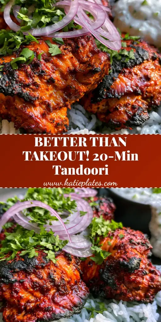 Tandoori Chicken: The Ultimate Air Fryer Recipe for Juicy, Charred Results 4 A vertical Pinterest-optimized shot of charred tandoori chicken on fluffy white rice with red onion rings and fresh cilantro in a matte black bowl.