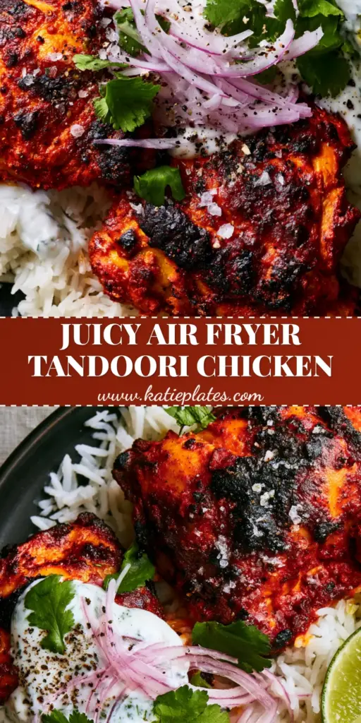 Juicy Air Fryer Chicken Tandoori with charred skin served over basmati rice with mint raita. (Chicken Tandoori)