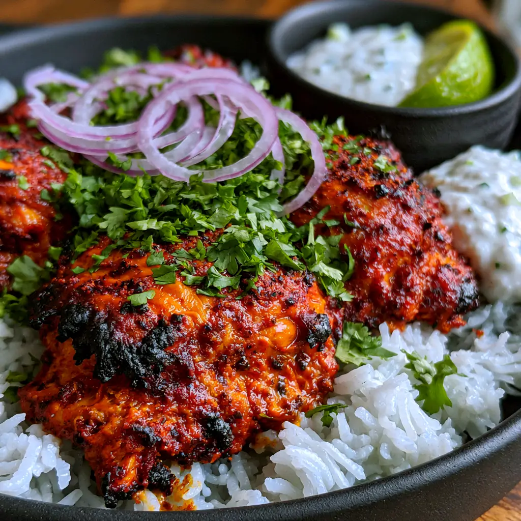 Tandoori Chicken: The Ultimate Air Fryer Recipe for Juicy, Charred Results 2 Extreme macro close-up of tandoori chicken pieces showing a vibrant orange-red spice crust and charred edges.