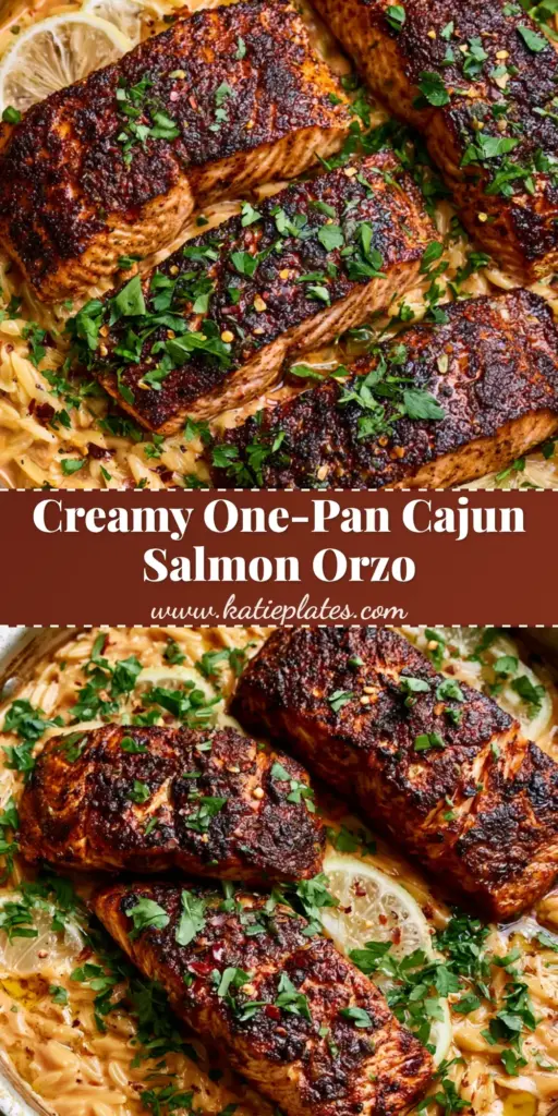 Creamy Cajun Salmon Orzo with Charred Spice Rub 4 Overhead shot of creamy cajun salmon orzo in a stainless steel skillet with charred fillets and lemon slices.