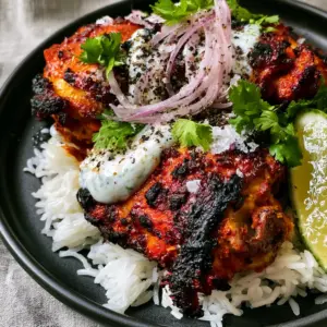 Macro top-down shot of vibrant red-orange Chicken Tandoori thighs with blistered skin. (Chicken Tandoori)
