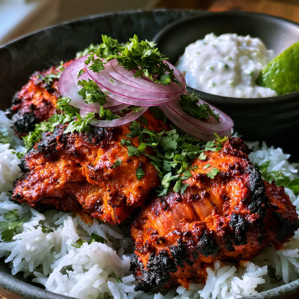 Tandoori Chicken: The Ultimate Air Fryer Recipe for Juicy, Charred Results 1 Succulent tandoori chicken served with thin translucent red onion rings and creamy cucumber raita.