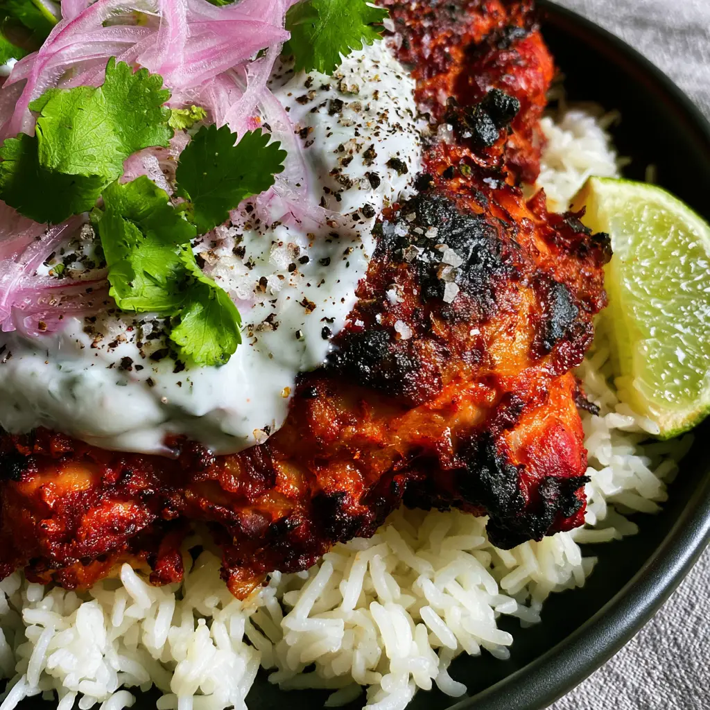 Tandoori chicken thighs garnished with red onions, cilantro, and mint yogurt sauce.