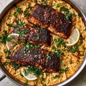 Close-up of seared salmon with a dark cajun crust sitting on coral-colored orzo pasta sauce. (creamy cajun salmon orzo)