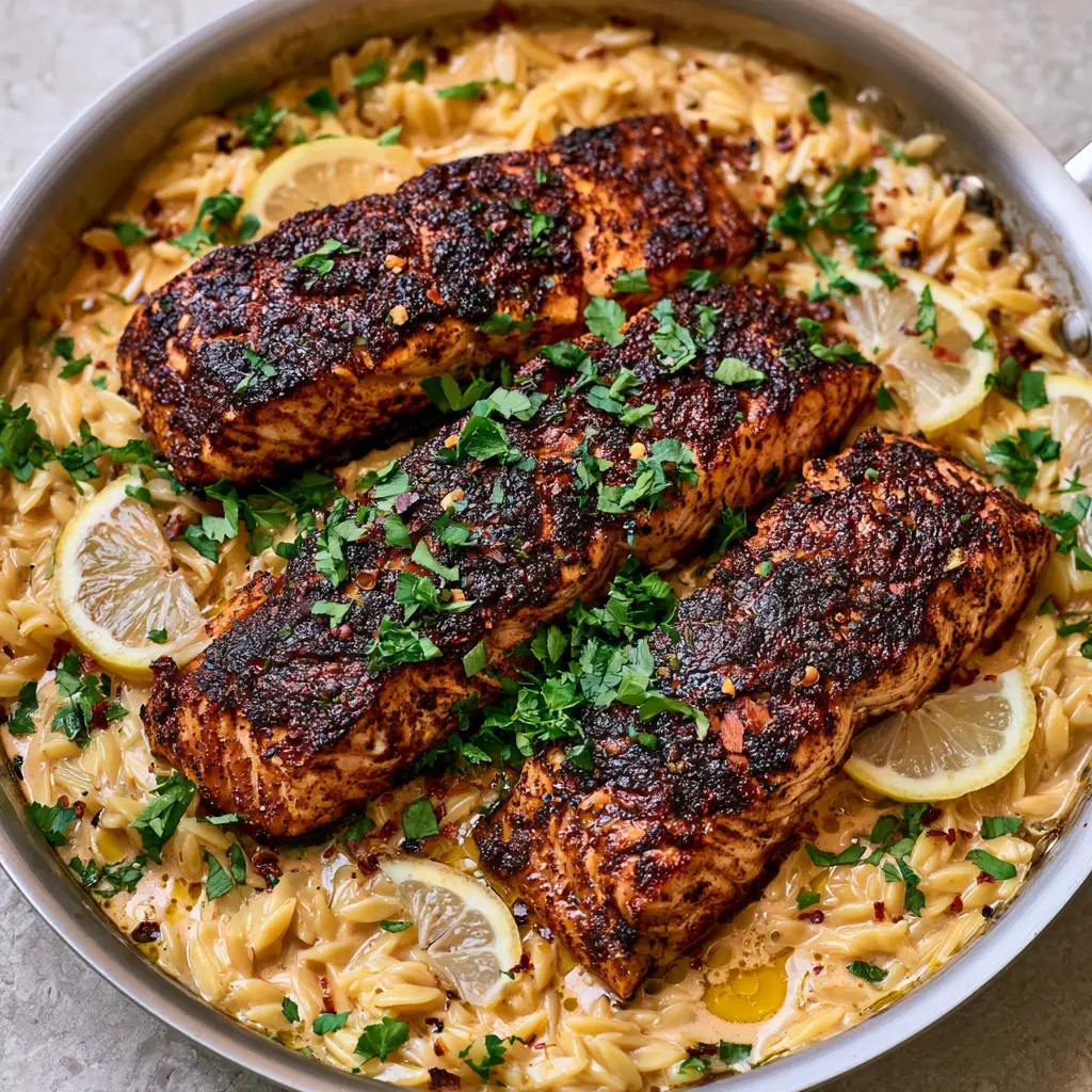 Creamy Cajun Salmon Orzo with Charred Spice Rub 1 A stainless steel skillet filled with glossy, creamy cajun salmon orzo garnished with parsley and red pepper flakes.