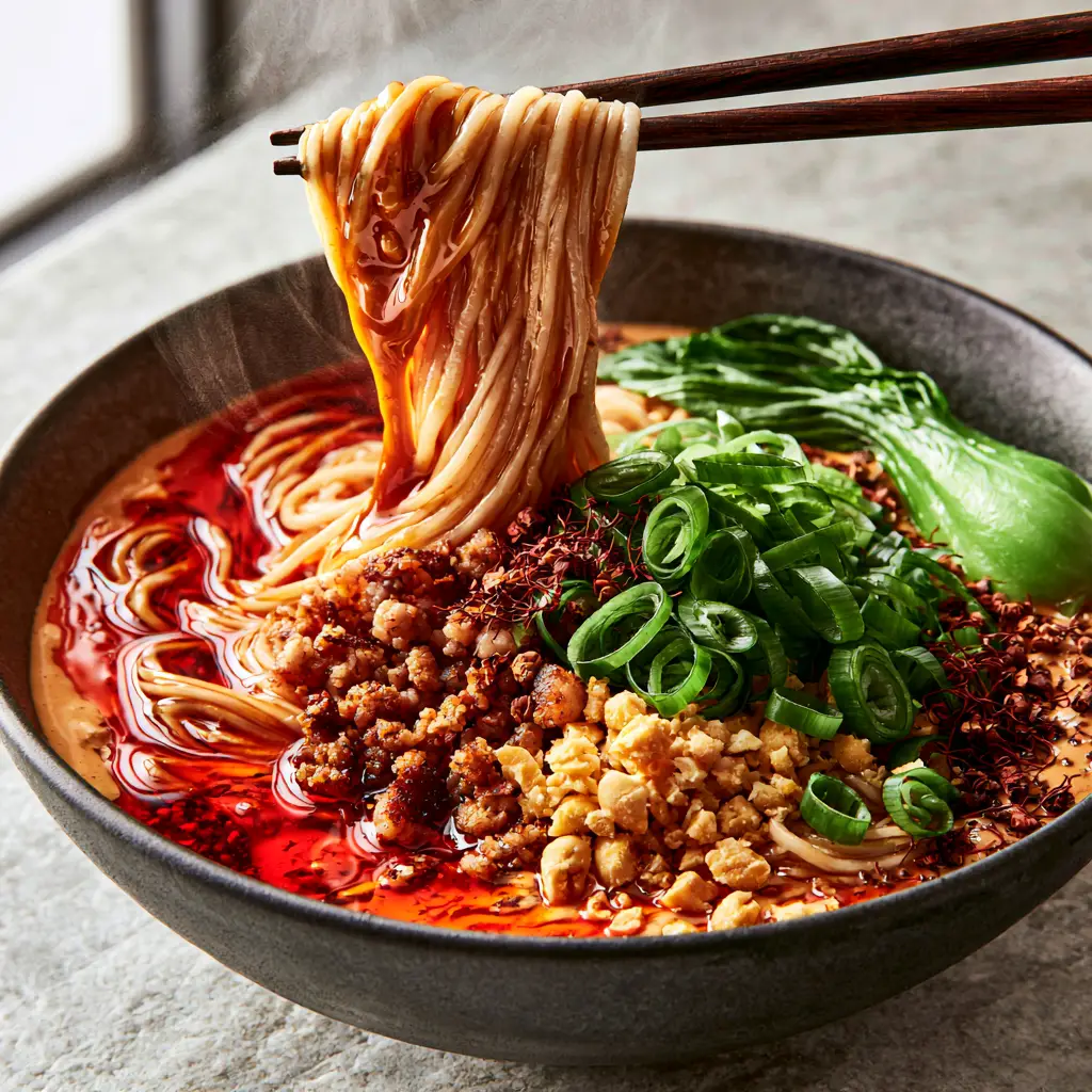 Dan Dan Noodles: Authentic Sichuan Street Food Recipe 2 Close-up of Dan Dan Noodles showing the vibrant red chili oil, creamy sesame paste, and crispy minced seared pork topped with emerald scallions.