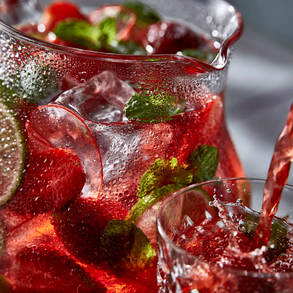 A close-up shot of a sweating pitcher containing strawberry rum cocktails with oversized ice cubes and lime. (Strawberry rum cocktails)