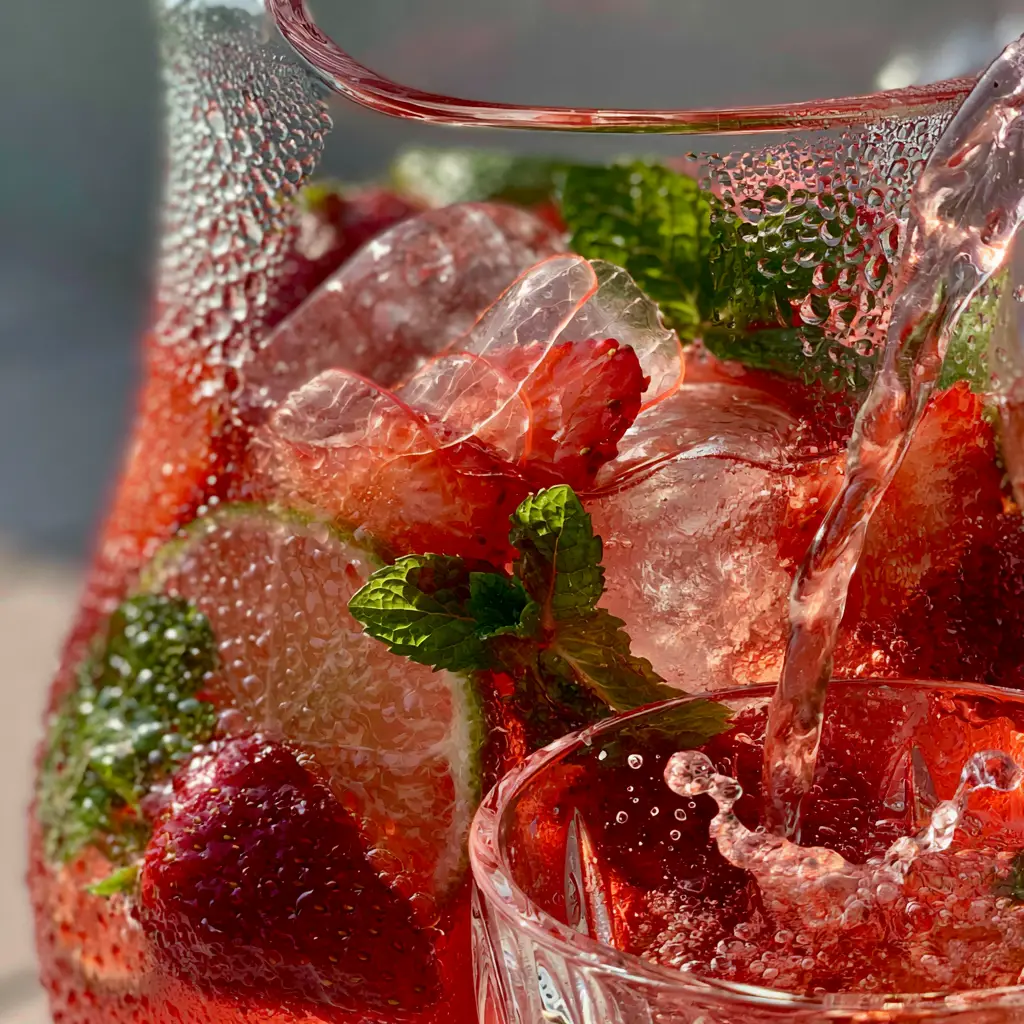 Strawberry Rum Cocktails: Sparkling Hibiscus & Lime Punch 1 A stream of strawberry rum cocktails being poured into a crystal glass with a splash and bubbles.