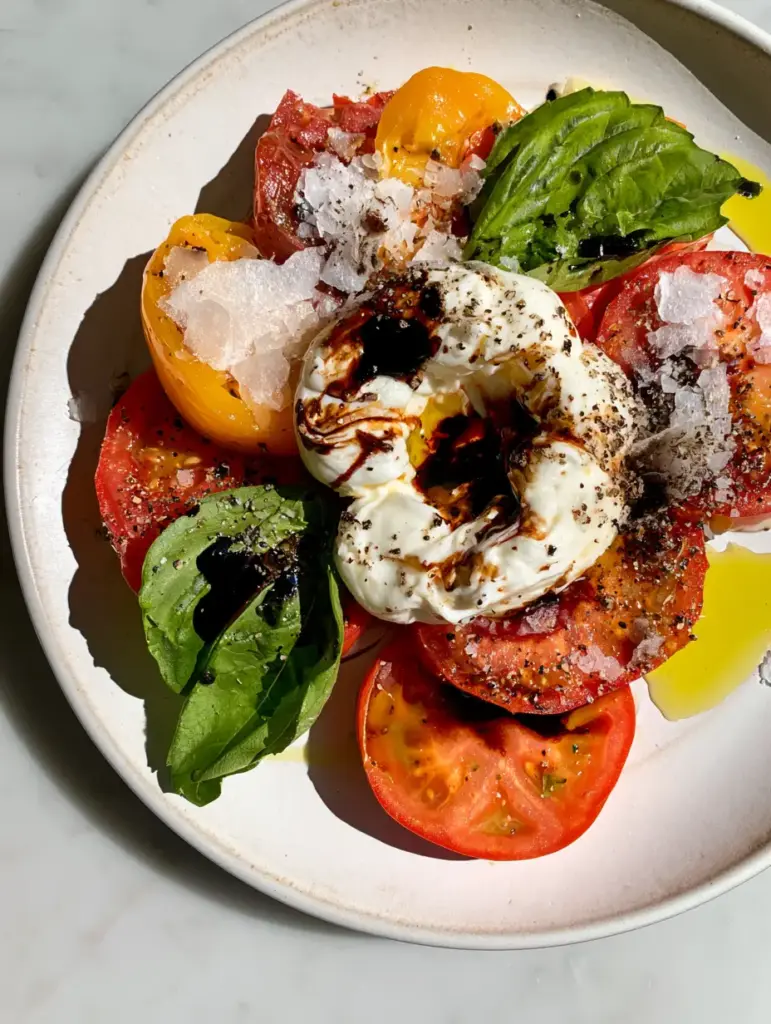 Close-up of jagged heirloom tomato slices and center-torn burrata cheese in a Caprese Salad.