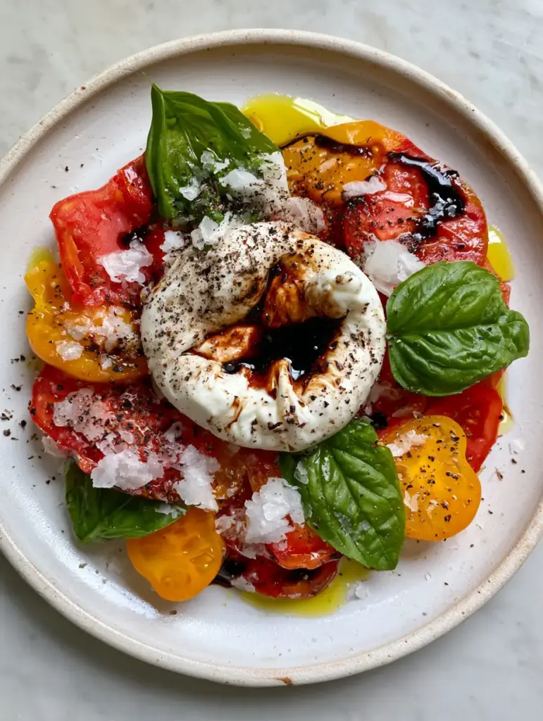 Caprese Salad with Creamy Burrata and Heirloom Tomatoes 1 A rustic white plate featuring a Caprese Salad with obsidian-black balsamic reduction and luminous olive oil beads.