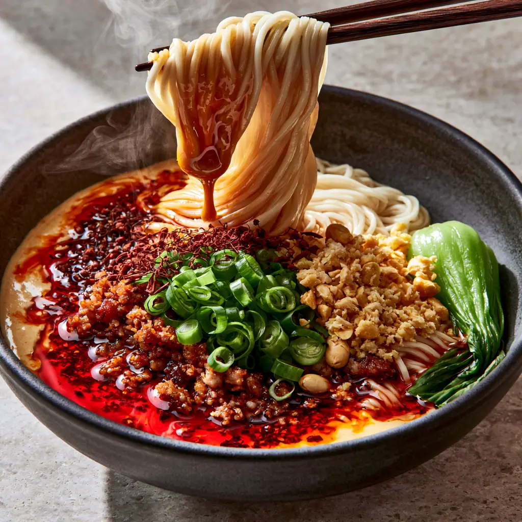 Dan Dan Noodles: Authentic Sichuan Street Food Recipe 1 A side view of Dan Dan Noodles highlighting the blanched baby bok choy and the dusting of red Sichuan peppercorn husks on a grey stone surface.